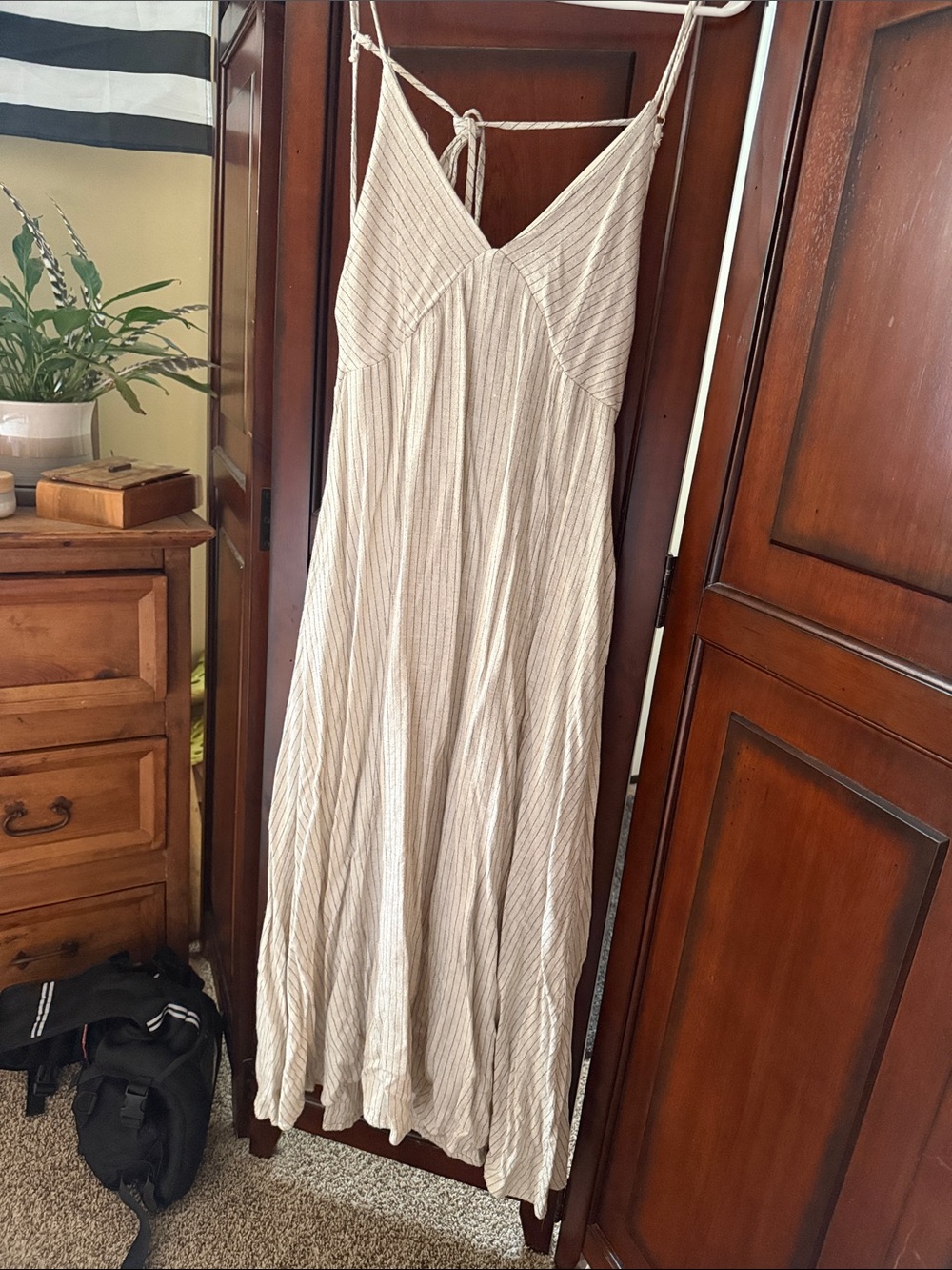 Backless Cream Striped Maxi Dress